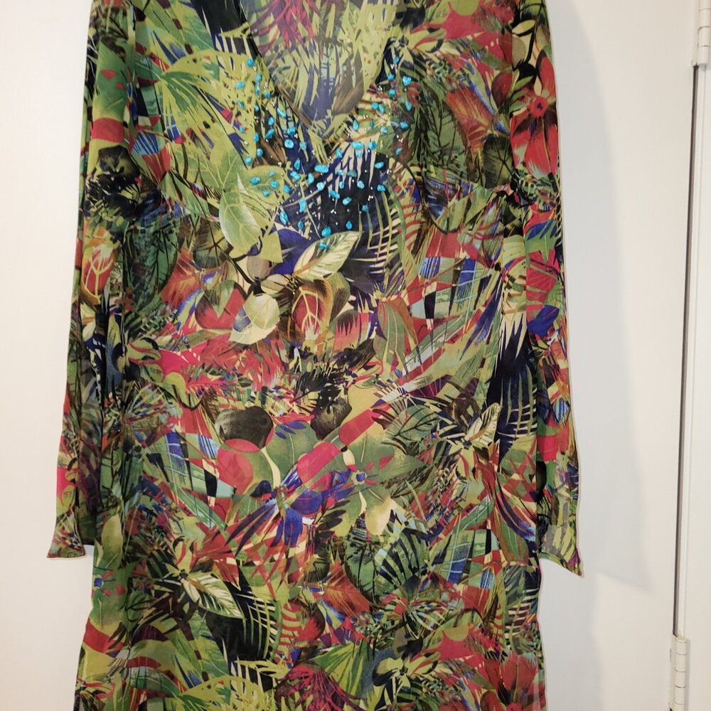Ladies Swim Cover (M/L) Tropical Print w/Turquoise Beading